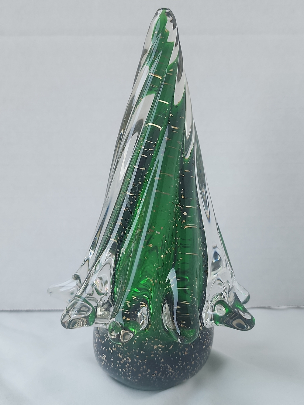 Williams Sonoma Home Green Gold Sparkle Glass Christmas Tree Figurine 7 3/4"